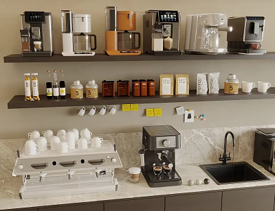 Well Organized Coffee Station With Various Coffee Machines Cups And Jars On Kitchen Countertop 3d model