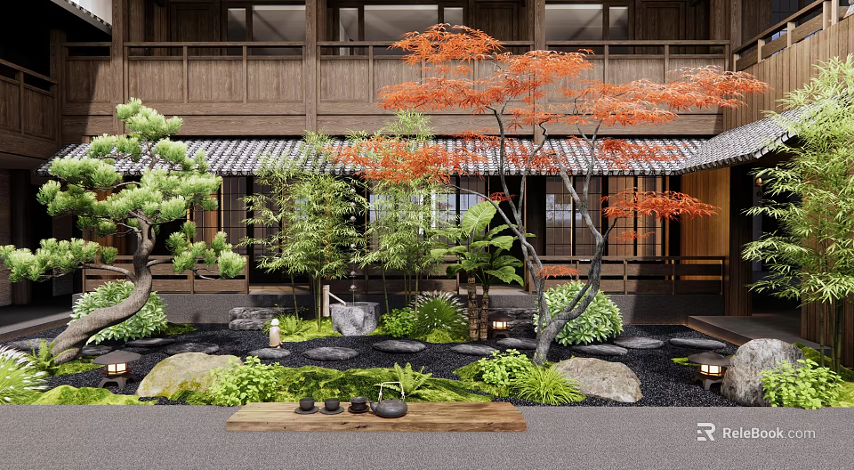 Traditional Courtyard Garden With Red Maple Tree Green Pine Bamboo Stones Moss And Lanterns 3d model 