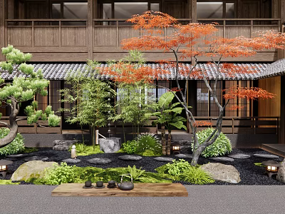 Traditional Courtyard Garden With Red Maple Tree Green Pine Bamboo Stones Moss And Lanterns 3d model