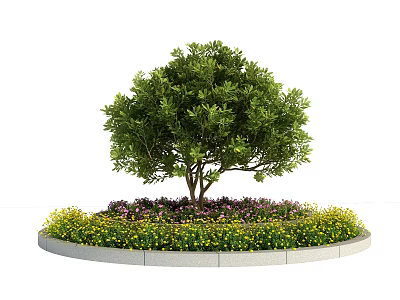 Roadside Traffic Island Landscaping With Circular Flower Bed And Green Tree 3d model