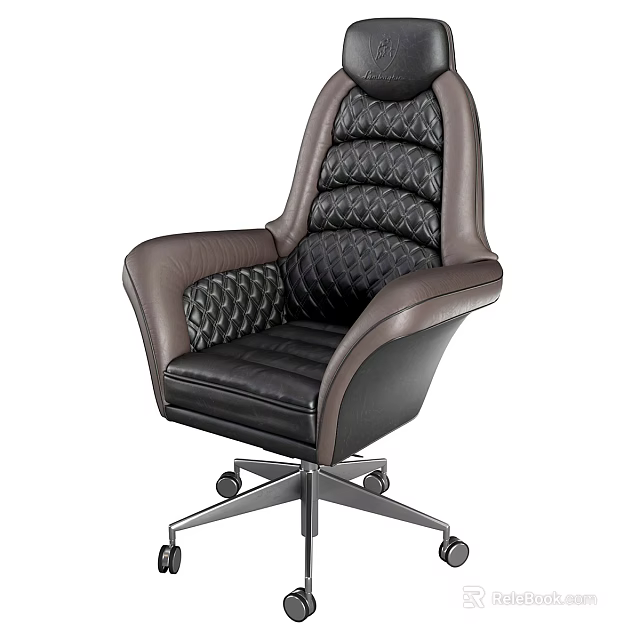 Modern Leather Office Chair With Diamond Pattern Black Brown Design And Metal Base Wheels 3d model 