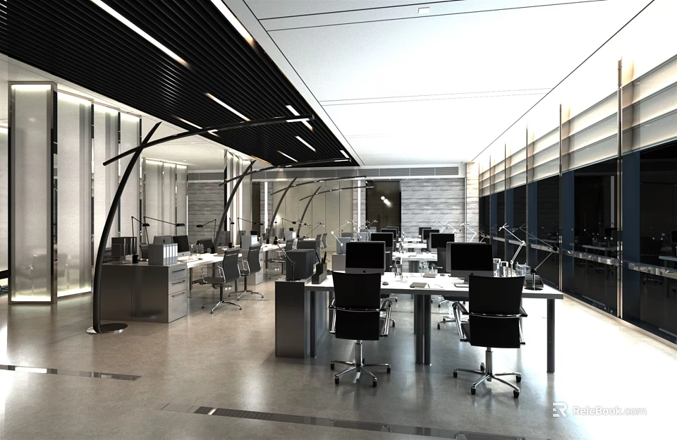 Modern Public Office Space With Workstations Ergonomic Chairs And Computer Monitors 3d model 