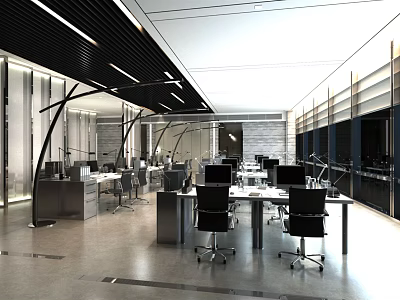 Modern Public Office Space With Workstations Ergonomic Chairs And Computer Monitors 3d model