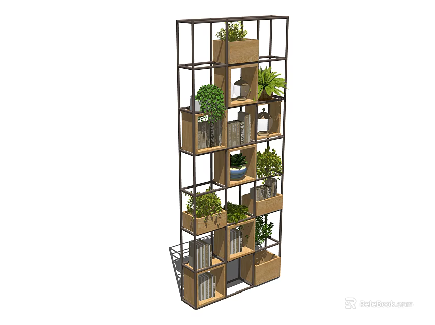 Modern Metal Frame Wooden Shelving Unit with Green Plants and Books 3d model 