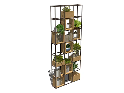 Modern Metal Frame Wooden Shelving Unit with Green Plants and Books 3d model