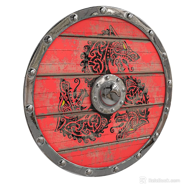 Red Viking Shield With Black Dragon Patterns Metal Rim And Central Component 3d model