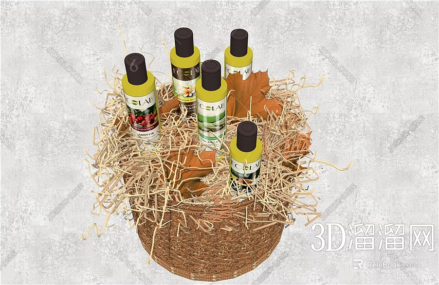 Decorative Beverage Bottles In Woven Basket With Straw And Maple Leaves Decor 3d model 