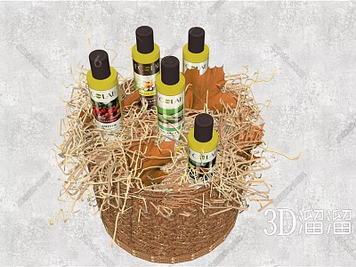 Decorative Beverage Bottles In Woven Basket With Straw And Maple Leaves Decor 3d model