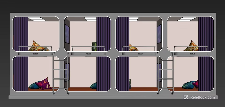 Space Saving Bunk Beds With Ladders Curtains And Mattresses In Dormitory Layout 3d model