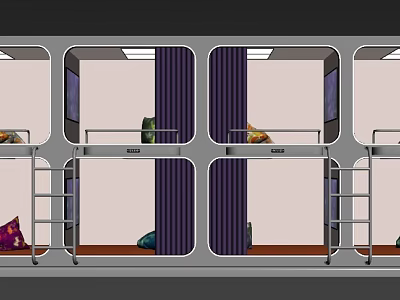 Space Saving Bunk Beds With Ladders Curtains And Mattresses In Dormitory Layout 3d model