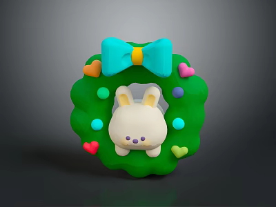 Cute Green Decorative Wreath With White Rabbit Blue Bow And Colorful Hearts 3d model