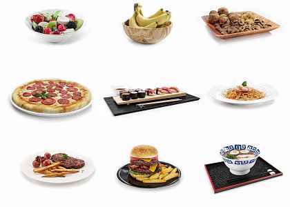 Modern Food Combination Pizza Hamburger Steak Ramen Pasta Banana Fruit Salad Sushi 3d model