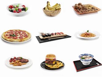 Modern Food Combination Pizza Hamburger Steak Ramen Pasta Banana Fruit Salad Sushi 3d model