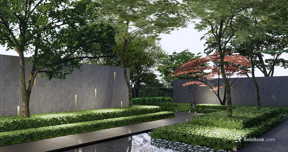 Serene Modern Scenic Wall In Garden With Lush Greenery Tall Trees And Pathway Lights 3d model 