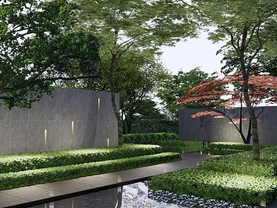Serene Modern Scenic Wall In Garden With Lush Greenery Tall Trees And Pathway Lights 3d model