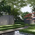 Serene Modern Scenic Wall In Garden With Lush Greenery Tall Trees And Pathway Lights