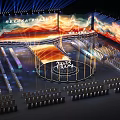 Grand Stage With Circular Center Illuminated By Blue Purple Light Beams And Large Screens