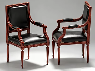 Classic Wooden Dining Chairs With Black Leather Seats And Decorative Armrests 3d model