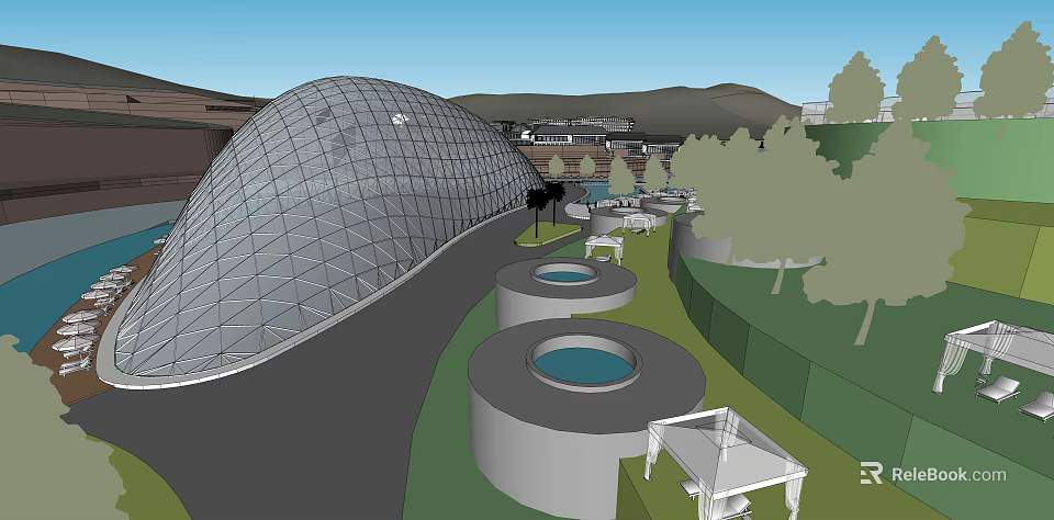 Modern Architectural Landscape with Hemispherical Glass Dome Circular Pools Green Lawns and Outdoor Seating 3d model 