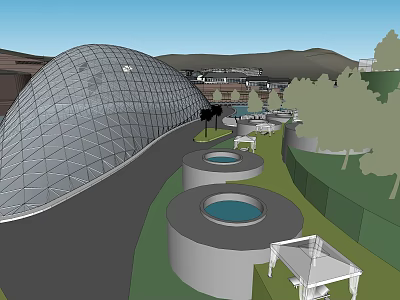 Modern Architectural Landscape with Hemispherical Glass Dome Circular Pools Green Lawns and Outdoor Seating 3d model