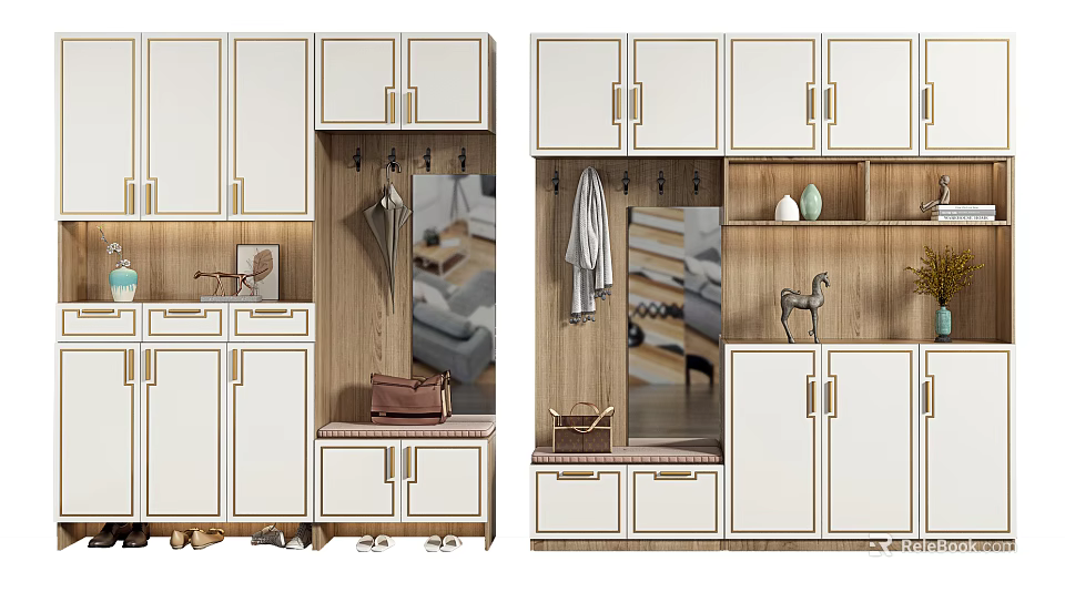 Modern Shoe Cabinet Interior With White Doors Hooks Bench And Decorative Storage 3d model
