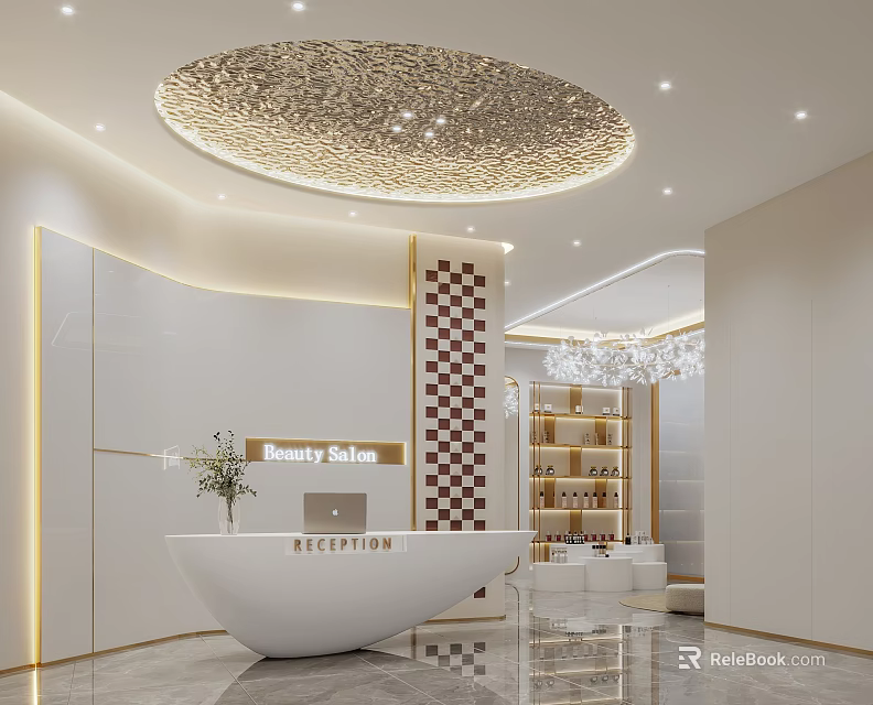 Modern Beauty Salon Reception Area With White Reception Desk Checkerboard Wall And Shelves 3d model 