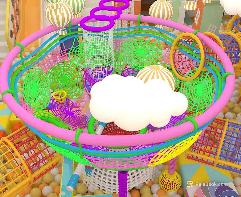 Colorful Commercial Play Equipment with Mesh Structure Ball Pit Cloud Decorations and Enclosure 3d model 
