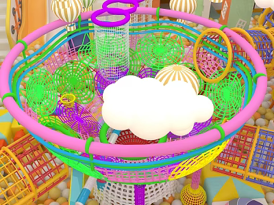Colorful Commercial Play Equipment with Mesh Structure Ball Pit Cloud Decorations and Enclosure 3d model