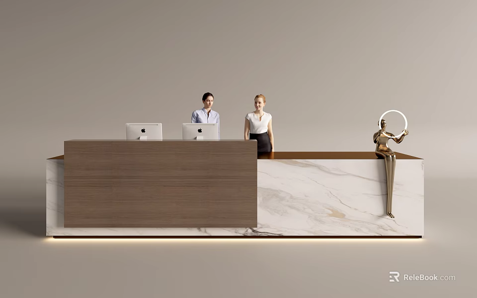 Modern Front Desk Reception With Wooden And Marble Counter Two Receptionists And Computers 3d model 