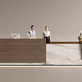 Modern Front Desk Reception With Wooden And Marble Counter Two Receptionists And Computers