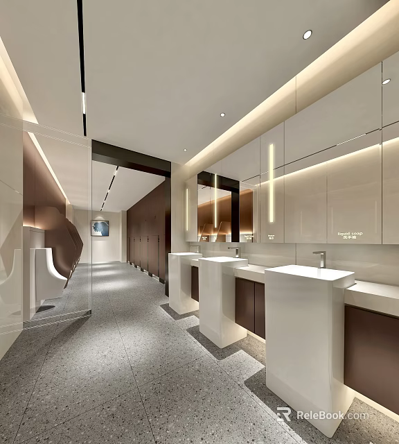 Modern Commercial Public Restroom With Mirrors Pedestal Sinks And Soft Ambient Indoor Lighting Design 3d model 