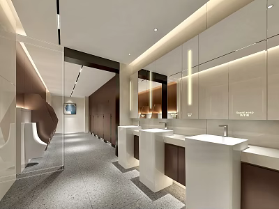 Modern Commercial Public Restroom With Mirrors Pedestal Sinks And Soft Ambient Indoor Lighting Design 3d model