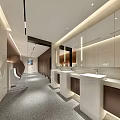 Modern Commercial Public Restroom With Mirrors Pedestal Sinks And Soft Ambient Indoor Lighting Design