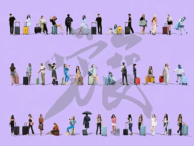 Group of Diverse People in Various Poses With Luggage on Purple Background 3d model