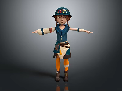 Adventurous Woman Blue Hat Top Shorts Orange Socks Brown Boots Arm Bandages Waist Tool Bag 3d model
