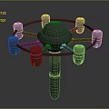 Symmetrical Metallic Mechanical Device With Central Sphere Cylindrical Components And Red Stripes