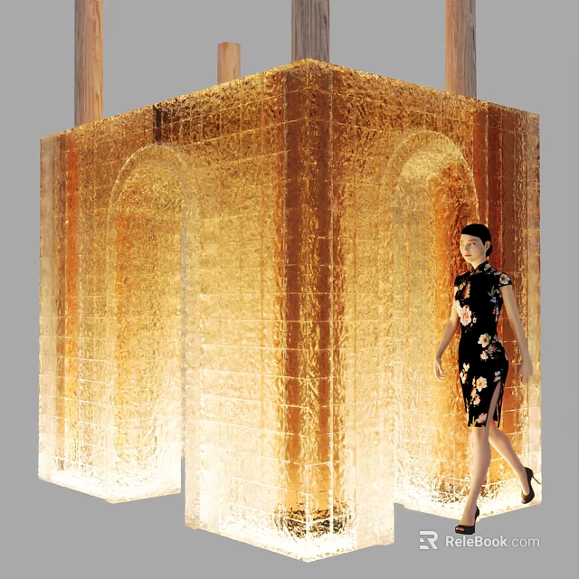 Golden Cube Structure With Arched Doorways And Woman In Qipao Walking By 3d model 