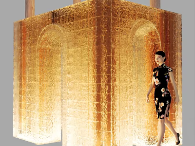 Golden Cube Structure With Arched Doorways And Woman In Qipao Walking By 3d model