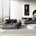 Modern Living Room Interior With Black Sofa Fireplace Round Coffee Table And Green Accent Chair
