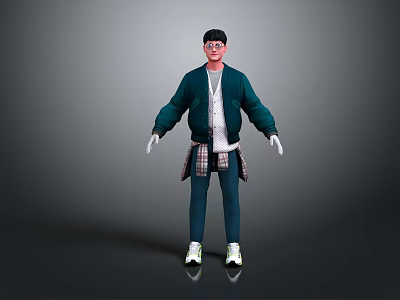 3D Character Wearing Green Jacket Plaid Shirt Blue Pants White Sneakers Black Cap Red Glasses 3d model