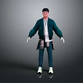 3D Character Wearing Green Jacket Plaid Shirt Blue Pants White Sneakers Black Cap Red Glasses