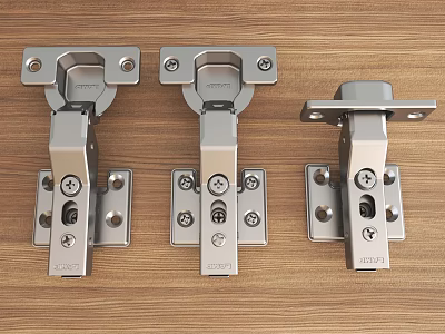 Three Stainless Steel Hinges Displayed On Wooden Surface With Metal Construction 3d model