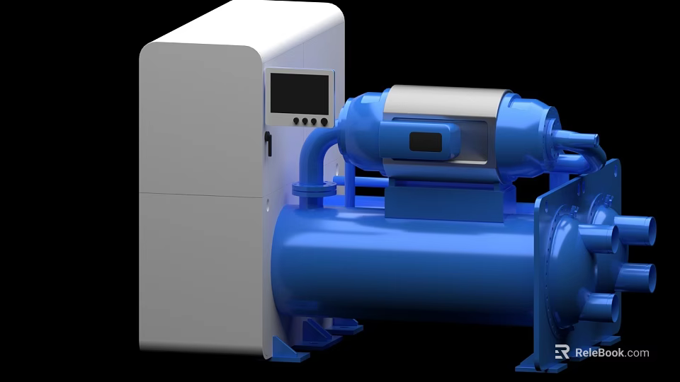 Blue Industrial Compressor Equipment With White Control Panel And Digital 3d model