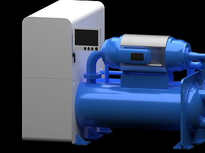 Blue Industrial Compressor Equipment With White Control Panel And Digital 3d model