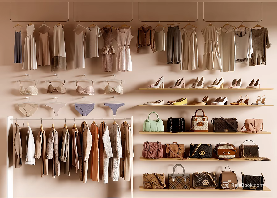 Clothing And Accessories Display With Hanging Dresses Bags And Shoes On Shelves 3d model 