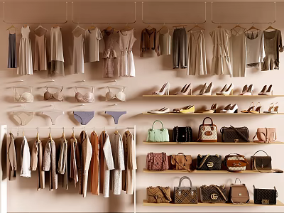 Clothing And Accessories Display With Hanging Dresses Bags And Shoes On Shelves 3d model