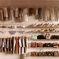 Clothing And Accessories Display With Hanging Dresses Bags And Shoes On Shelves