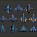 Blue Cosmic Spacecraft Models with Yellow Purple Details and Various Designs on Dark Background