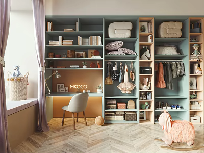 Organized Teal Open Wardrobe With Hanging Clothes Folded Towels Books And Shoes 3d model