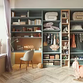 Organized Teal Open Wardrobe With Hanging Clothes Folded Towels Books And Shoes